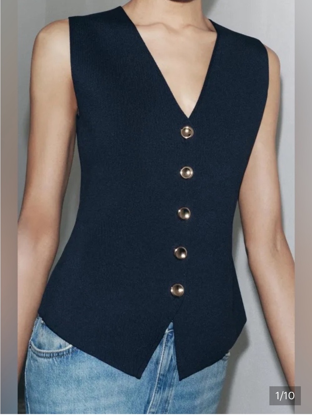 Zara Navy V-Neck Knit Tank with Gold Buttons